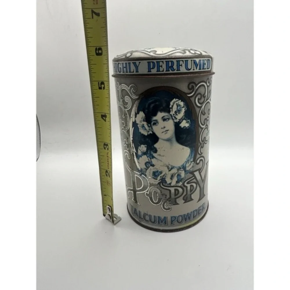 Vintage Poppy Talcum Powder Highly Perfumed Metal Tin Empty Made In England Blue